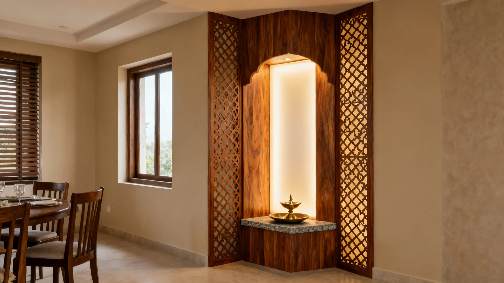 Corner pooja niche with backlit veneer panel and wooden lattice screens.