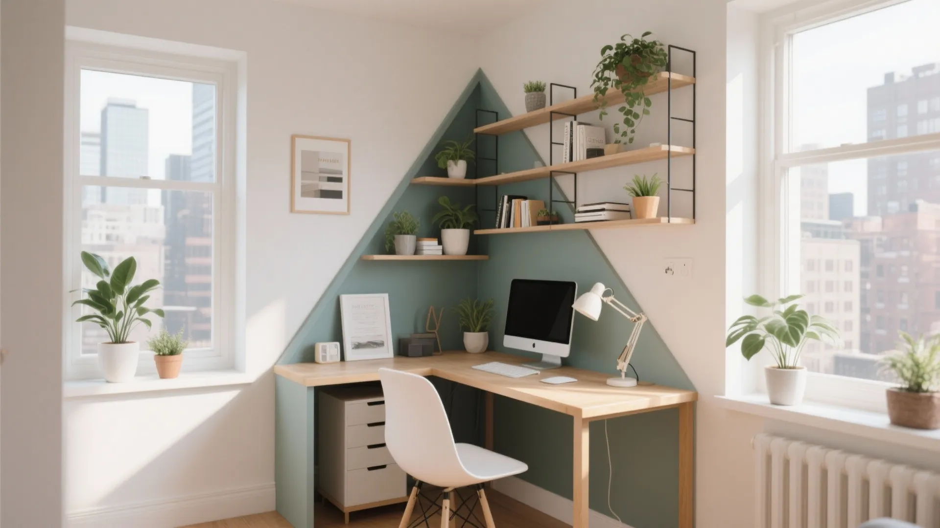 Small home office with green wall paint wood corner desk white chair and wall shelves