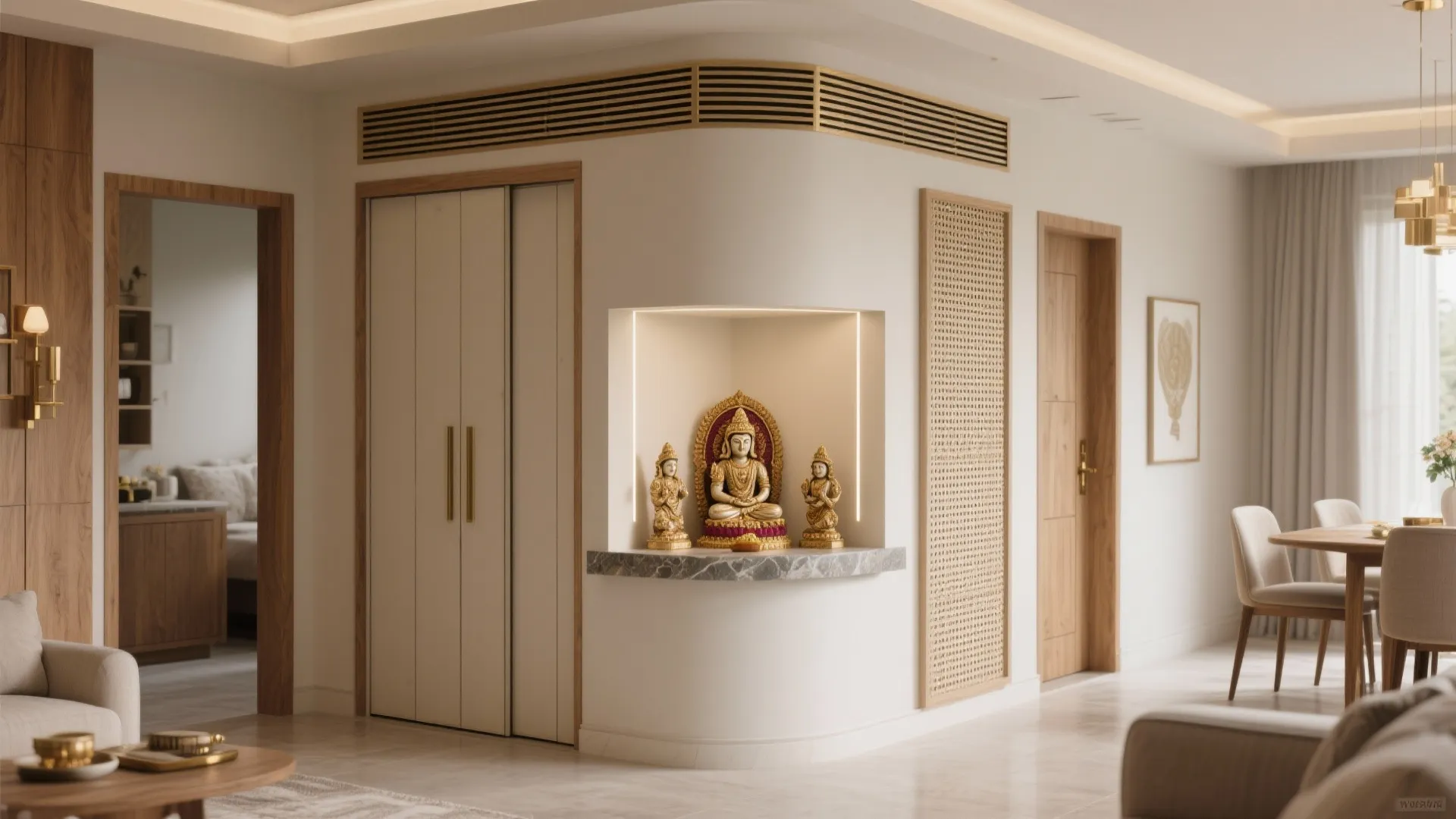 Modern apartment interior with small prayer corner built into a curved wall near dining area