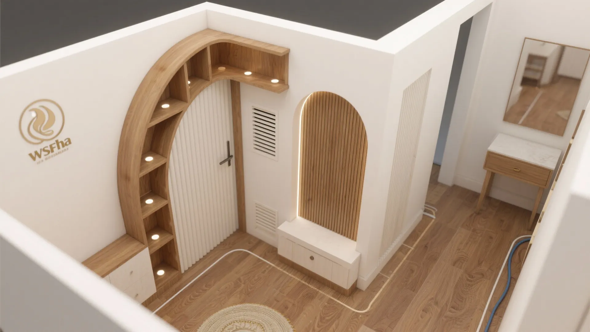 Top down interior design drawing of an entryway with arched shelves and white wall panels