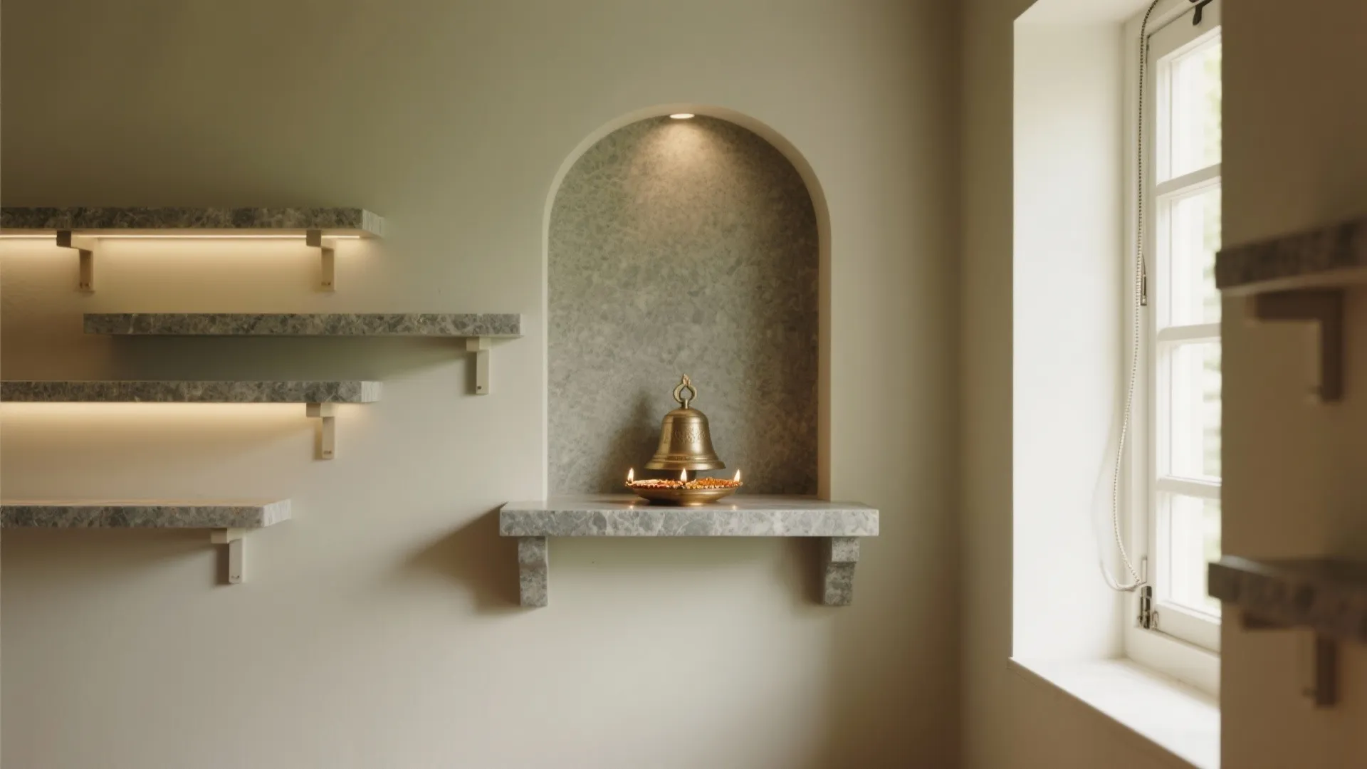 Corner niche with floating shelves and a calm palette