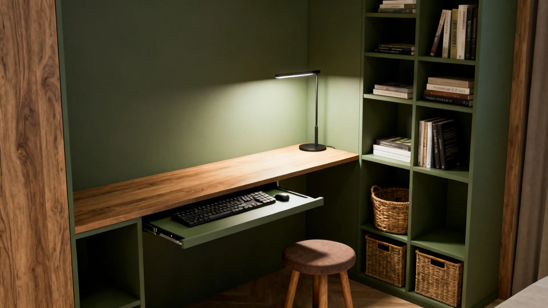 Corner niche with built-in shelves, narrow desk, and task lighting for focused work