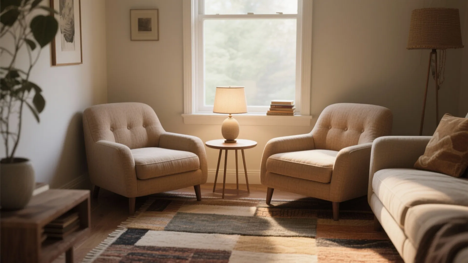 Cozy corner setup with two armchairs angled for conversation