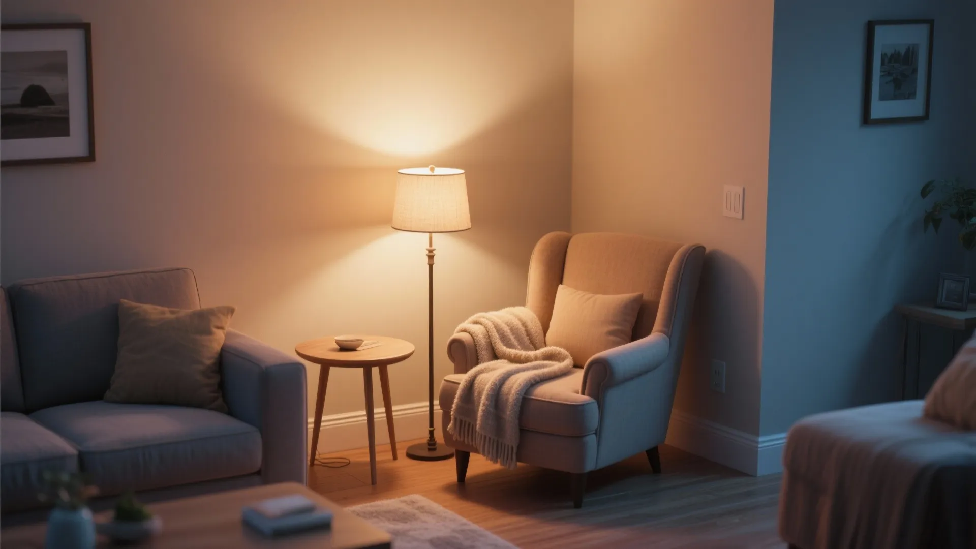 Cozy reading corner with beige armchair wooden side table tall floor lamp and soft warm lighting