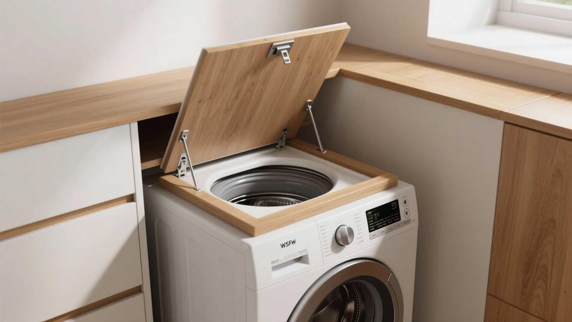 White washing machine built into wooden cabinet with open lid showing functional laundry room corner design