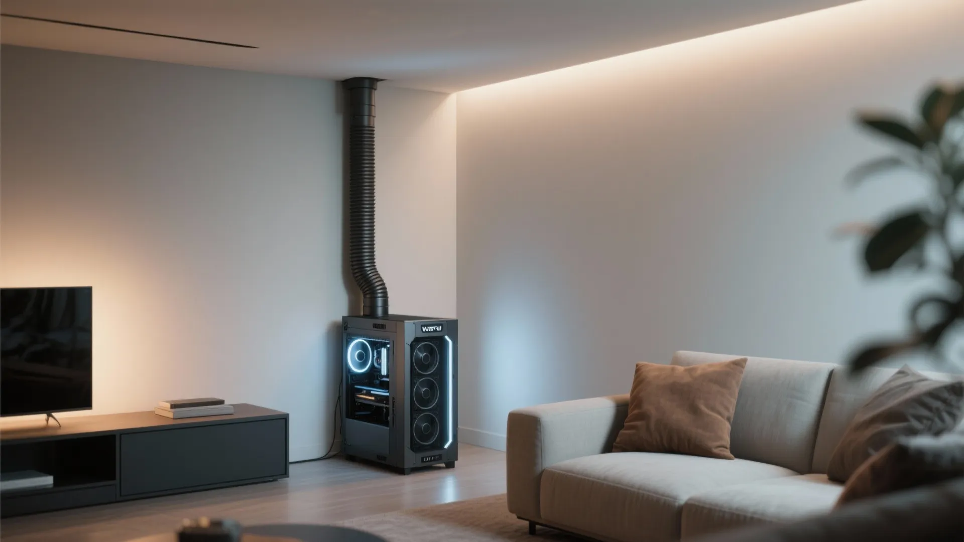 Living room corner with grey sofa and computer tower including ventilation pipe reaching the ceiling