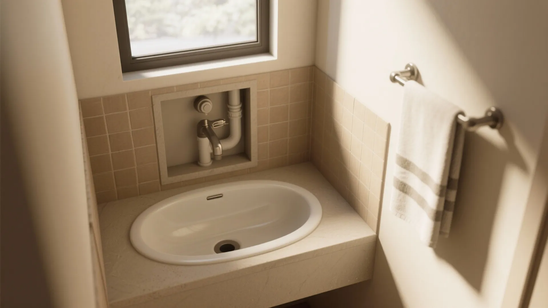 Small bathroom corner with white sink and beige wall tiles next to a white towel
