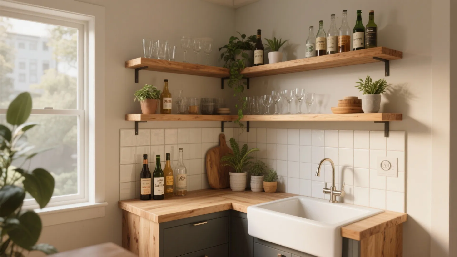 Cozy kitchen corner featuring wooden open shelves with wine bottles glassware and a white sink