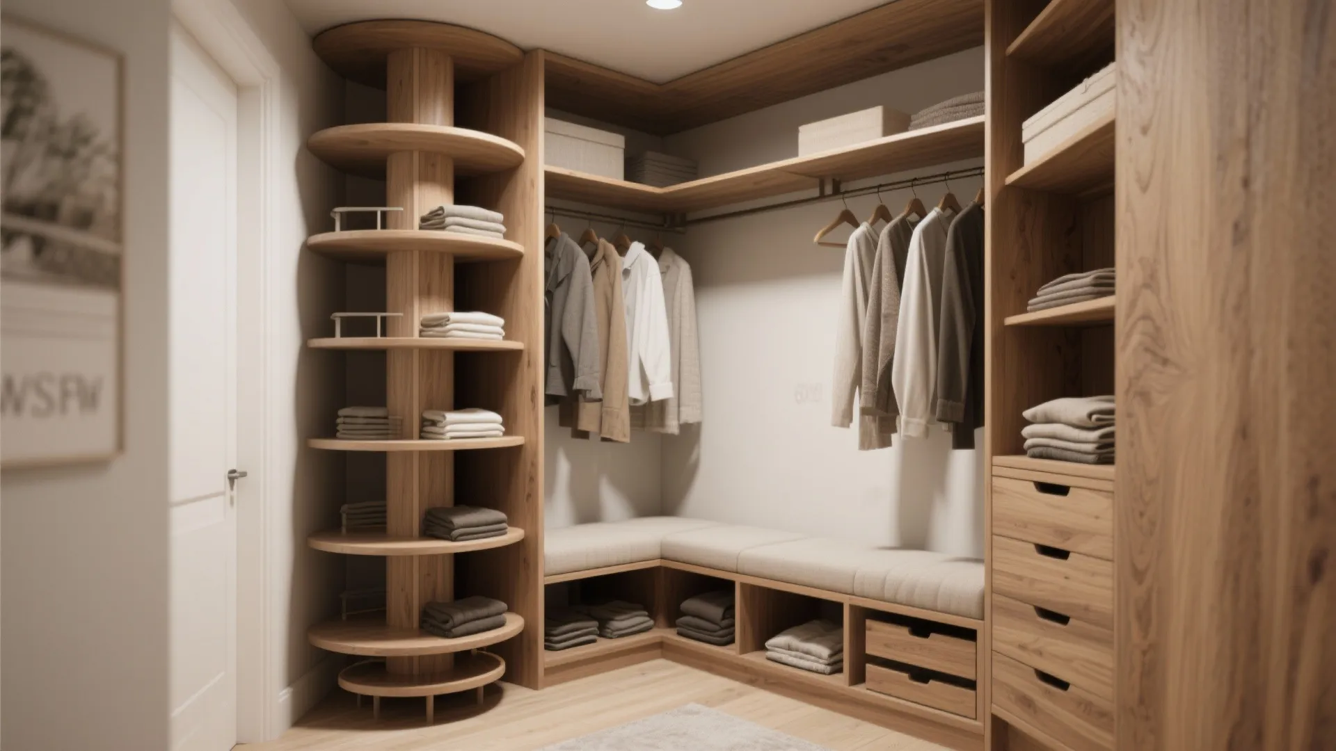 [
  {
    "url": "https://coohom-biz-sg-s3.coohom.com/ins/static/article/corner-nook-1760074381779293300.jpg",
    "alt": "Modern walk-in wooden closet featuring corner shelves, hanging clothes, drawers, and a comfortable seating bench."
  }
]