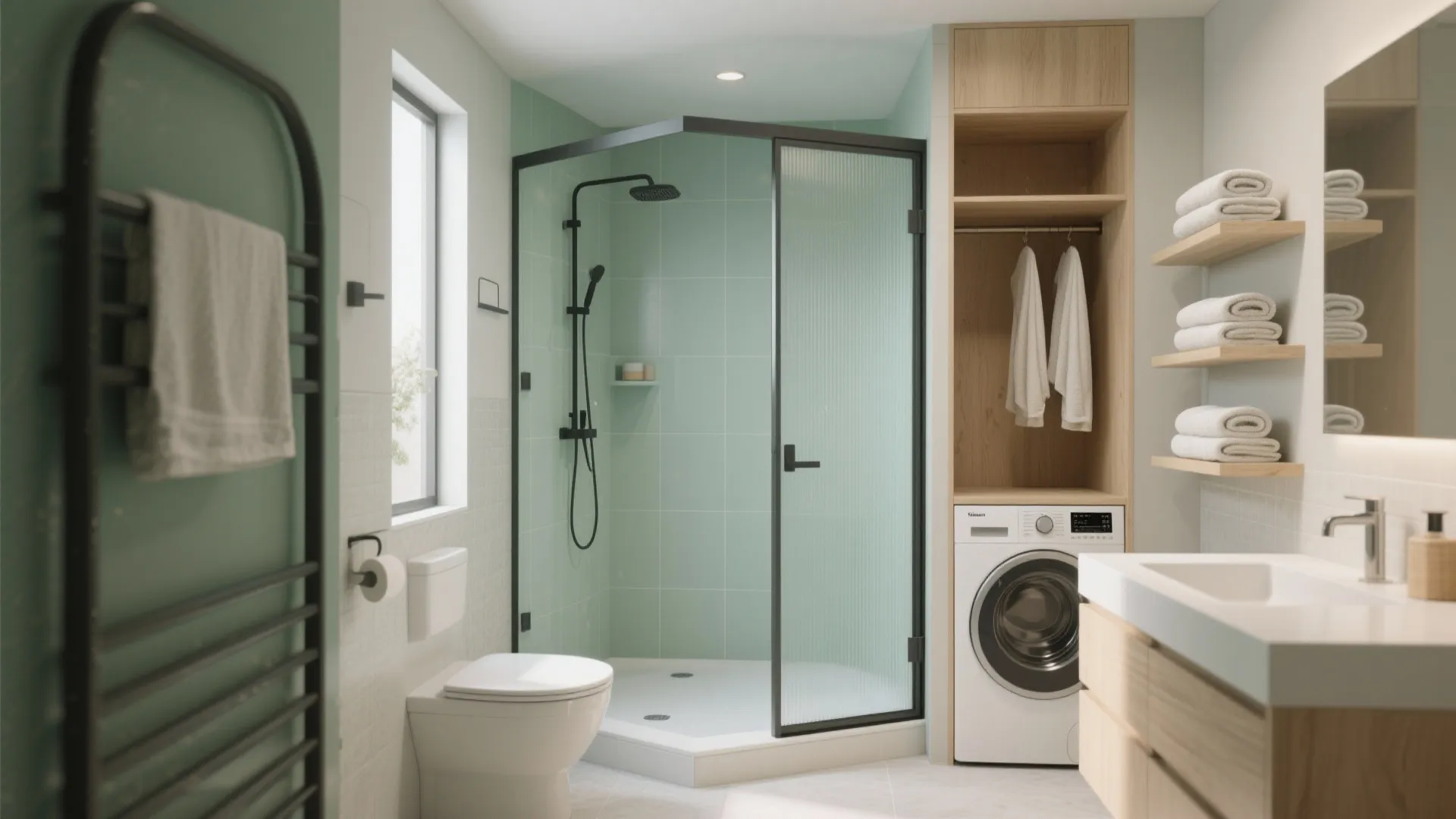 3. Corner Shower + Closet-Style Laundry Nook