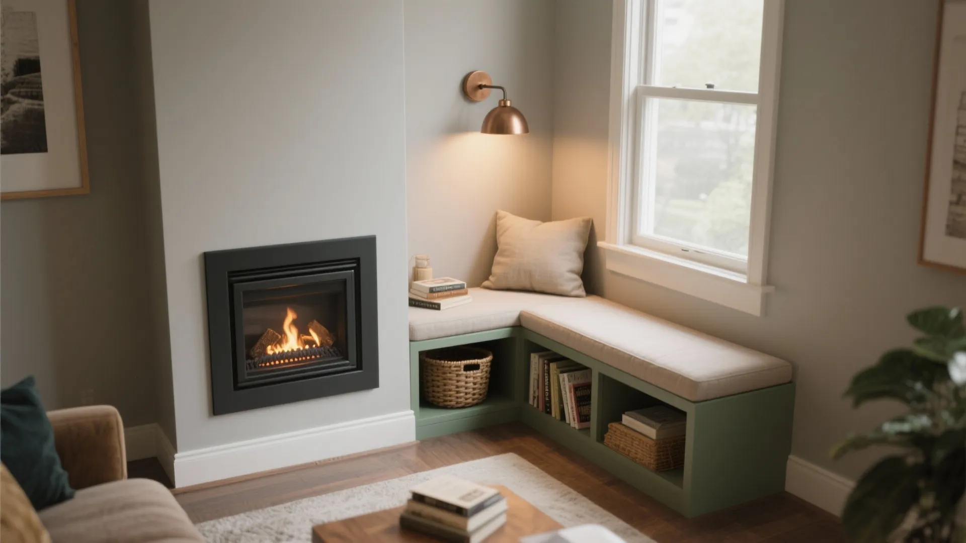Corner Fireplace with Built-In Storage Bench