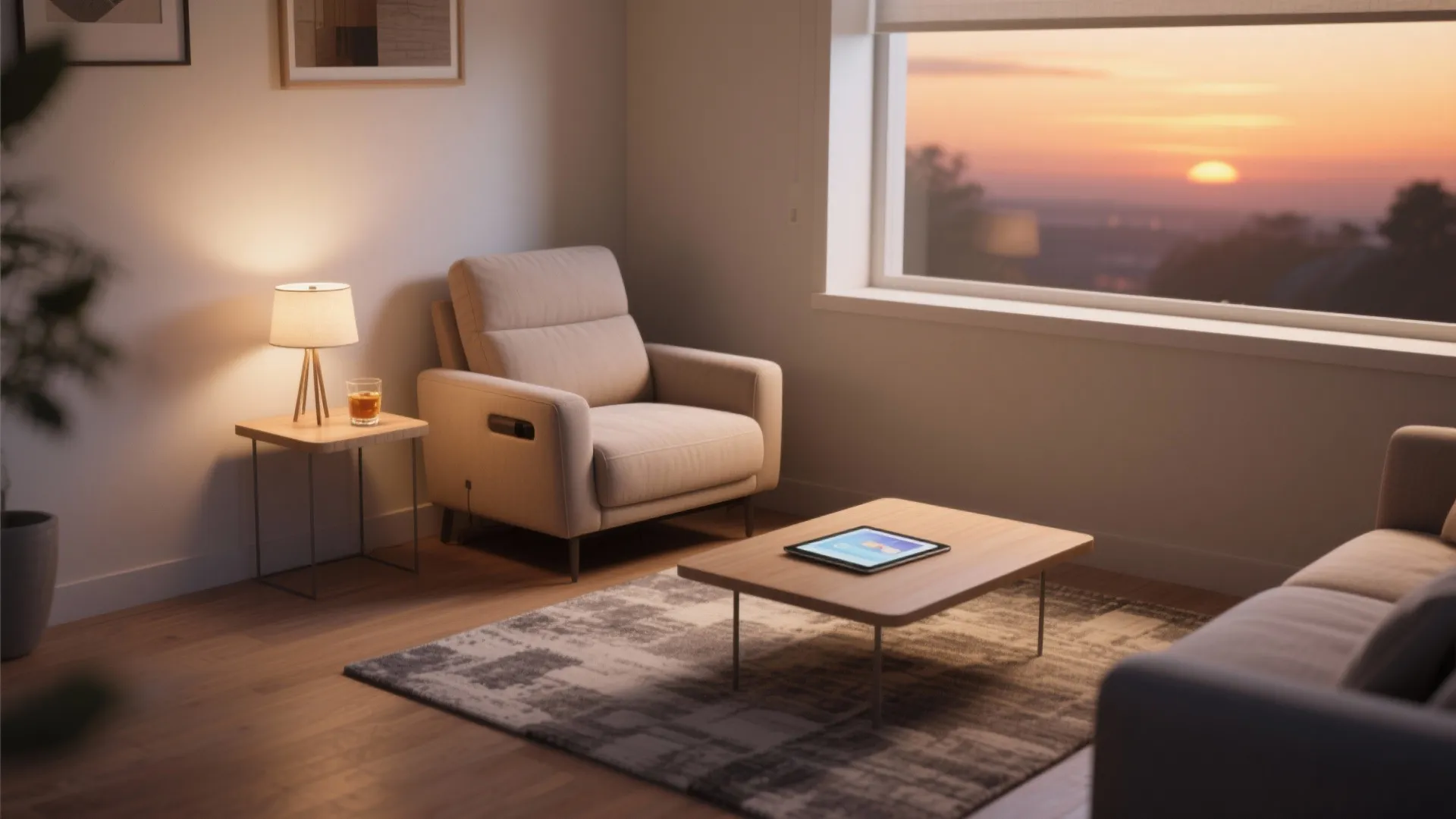 Cozy living room corner with armchair side table table lamp and sunset view through window