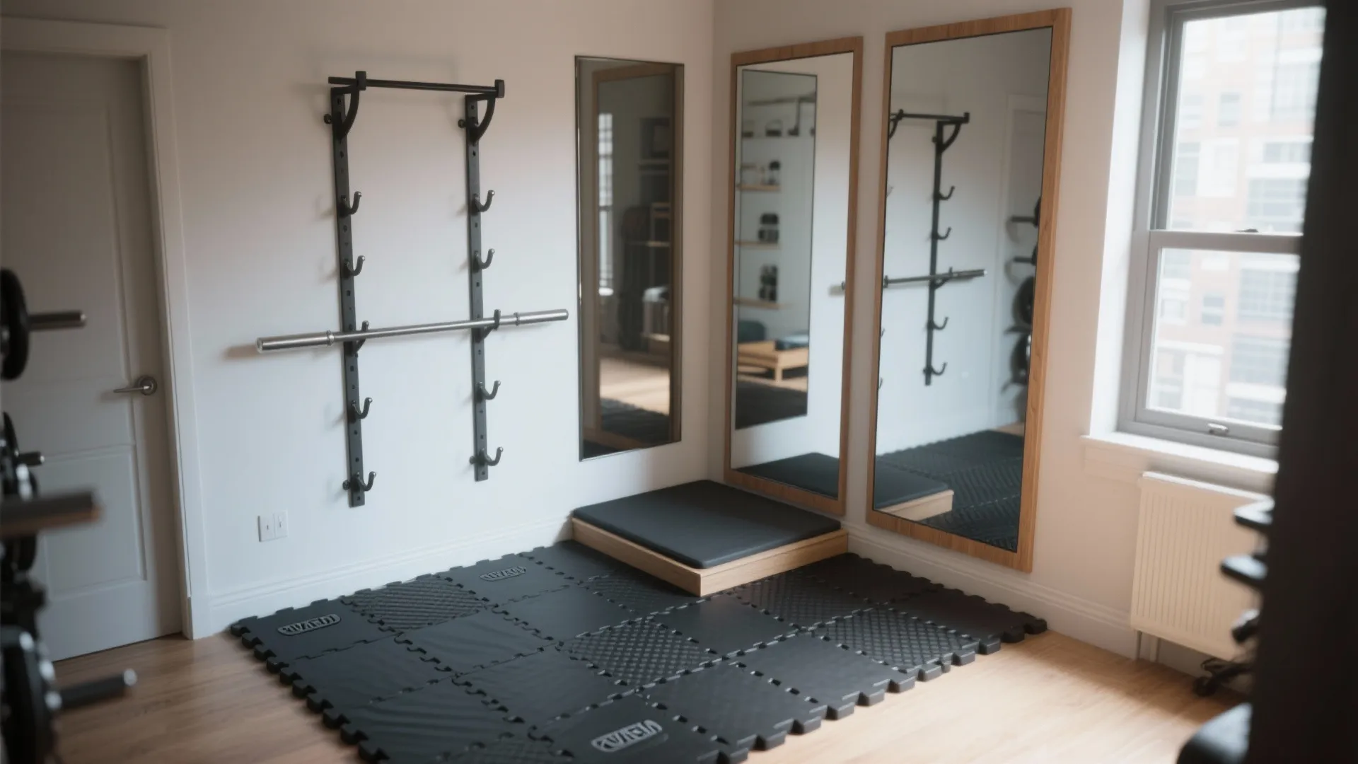 Minimalist home gym corner with wall mirrors black floor mats weight rack and bright window