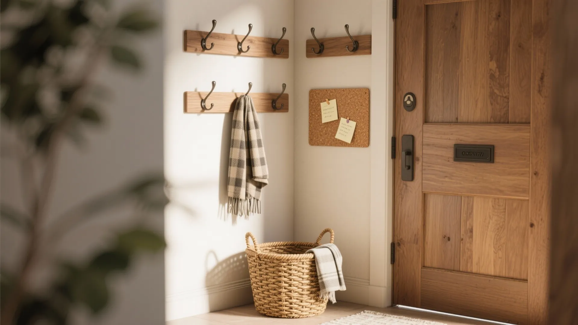 Cozy corner nook with staggered hooks, a woven basket for scarves, and a cork note strip in a small entry.