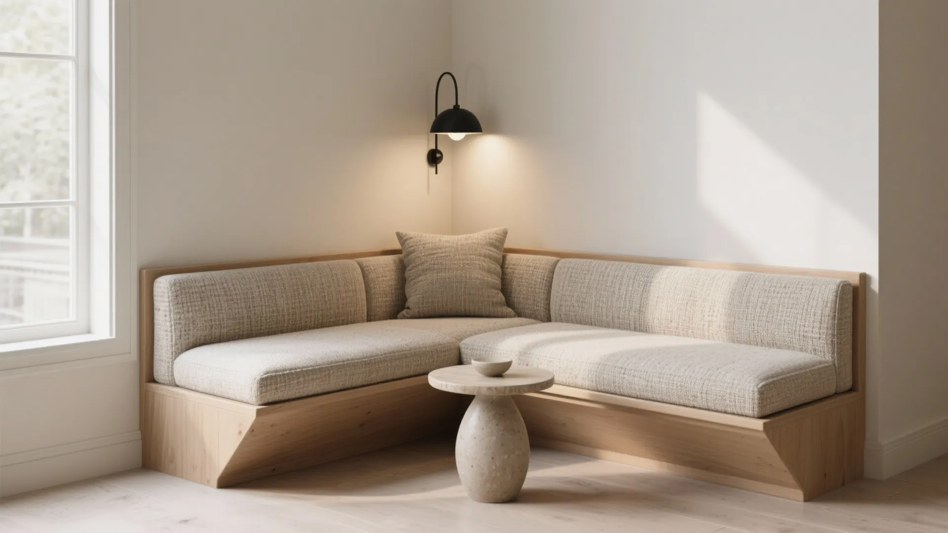 An L-shaped corner bench with textured cushions, wall sconce, and a small side table creating a cozy nook.