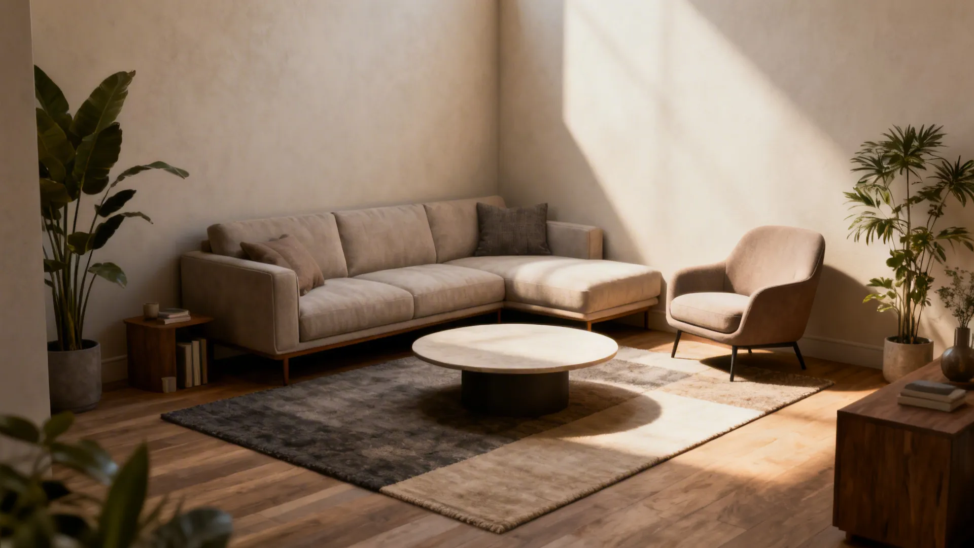 Cozy corner nook with loveseat, diagonal accent chair and round coffee table.