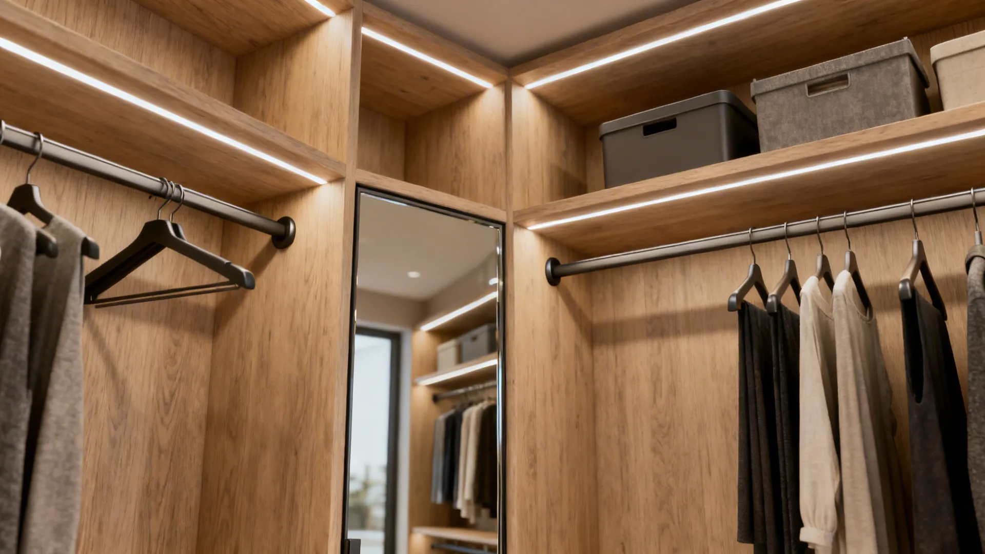 L-shaped corner walk-in nook with staggered shelving and a mirrored door reflecting the space.