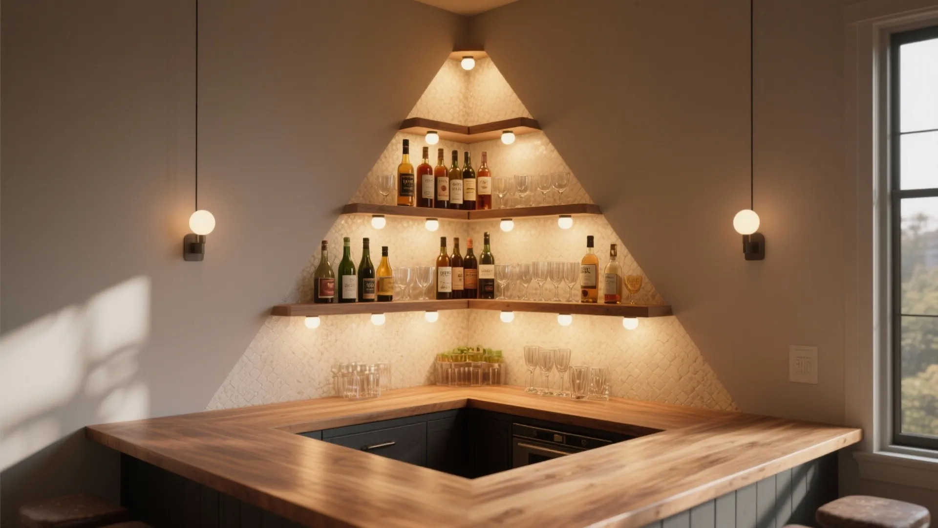3. Corner Nook Bar with Floating Shelves