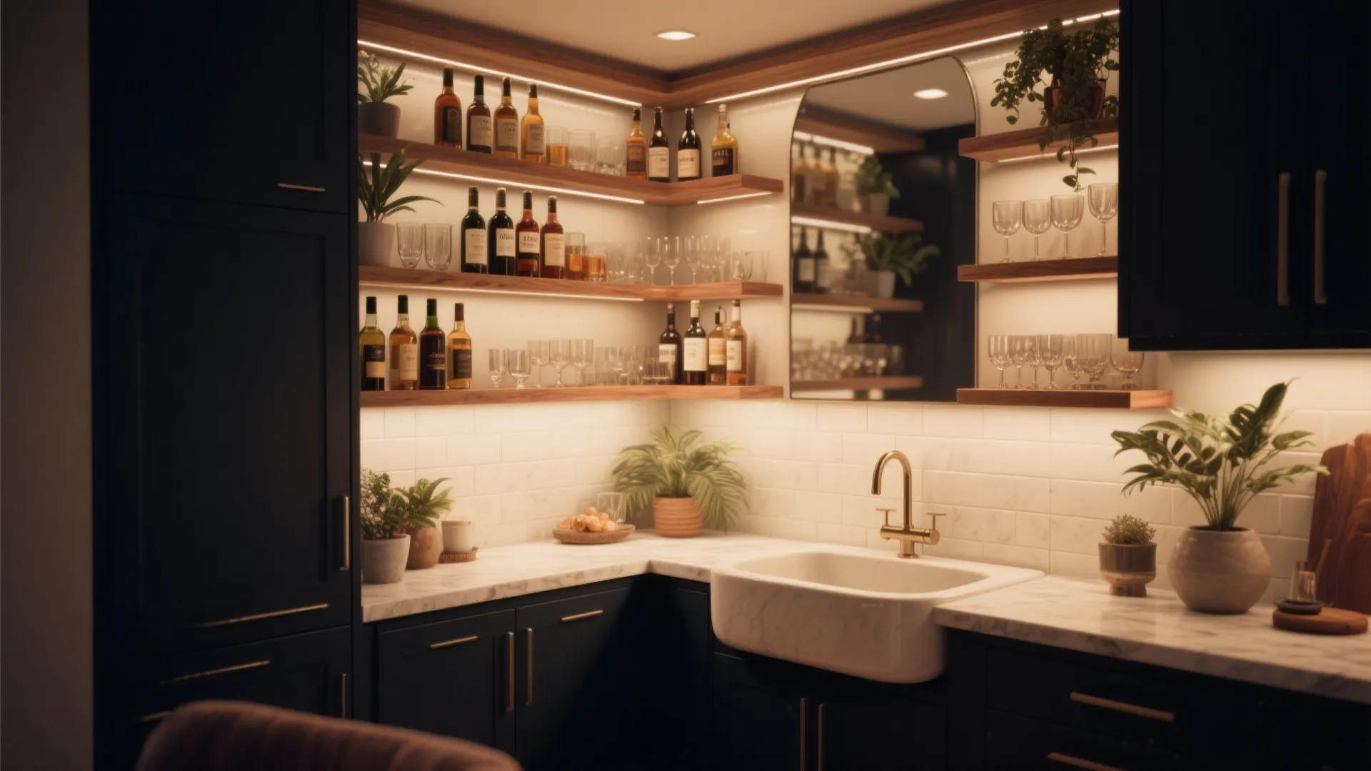 Home bar corner with dark cabinets wooden shelves with bottles white tiles and gold faucet