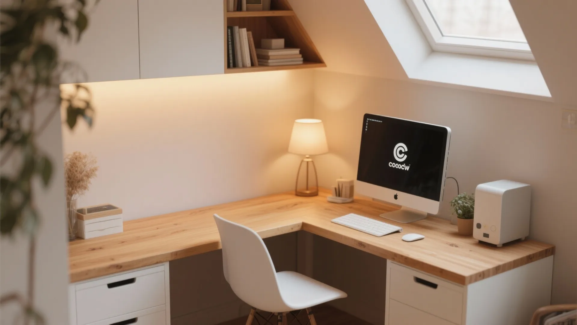 Corner home office with wooden desk computer table lamp white chair and white storage cabinets