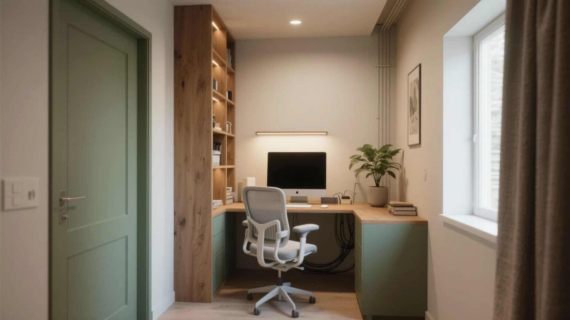 Cozy corner desk nook with L-shaped surface and tall vertical shelves, showing good circulation and warm wood tones.