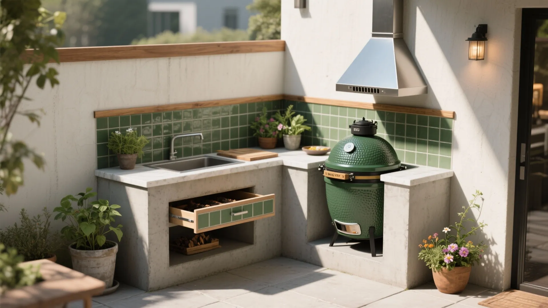 Outdoor kitchen corner with green grill egg sink marble countertop green wall tiles and potted plants