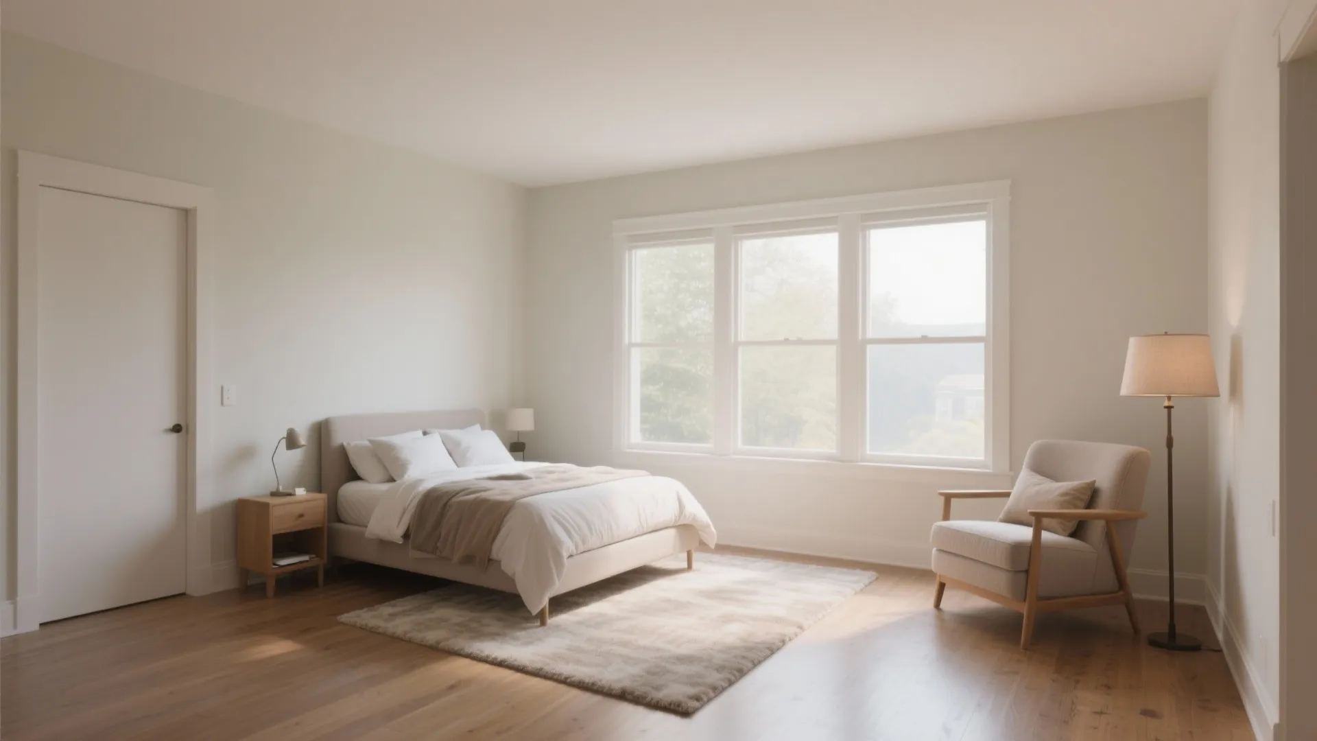 Minimalist bright bedroom with a bed next to windows wooden floor armchair and floor lamp