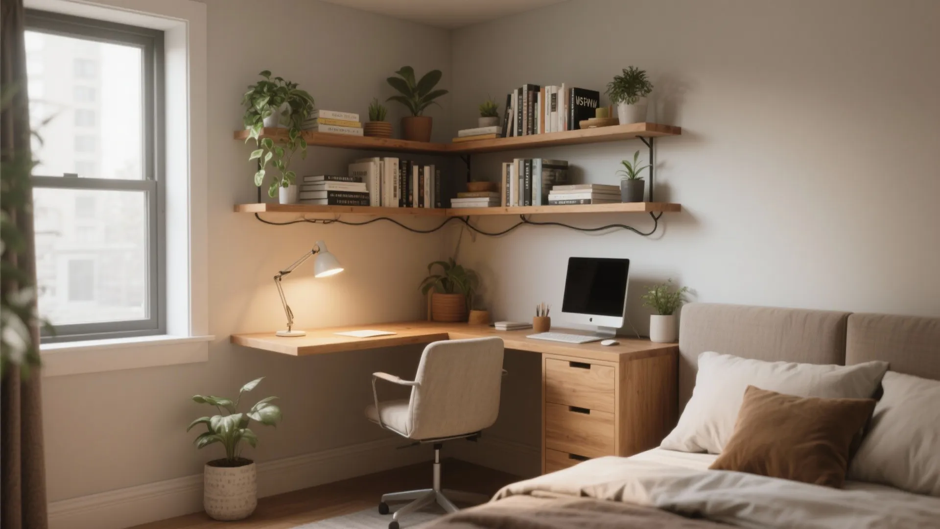 Corner home office with wooden wall shelves books potted plants desk and white swivel office chair