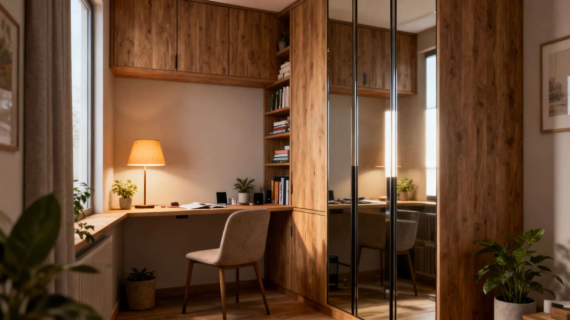 Small study corner with wooden desk lamp chair and large wooden cabinet with mirror doors