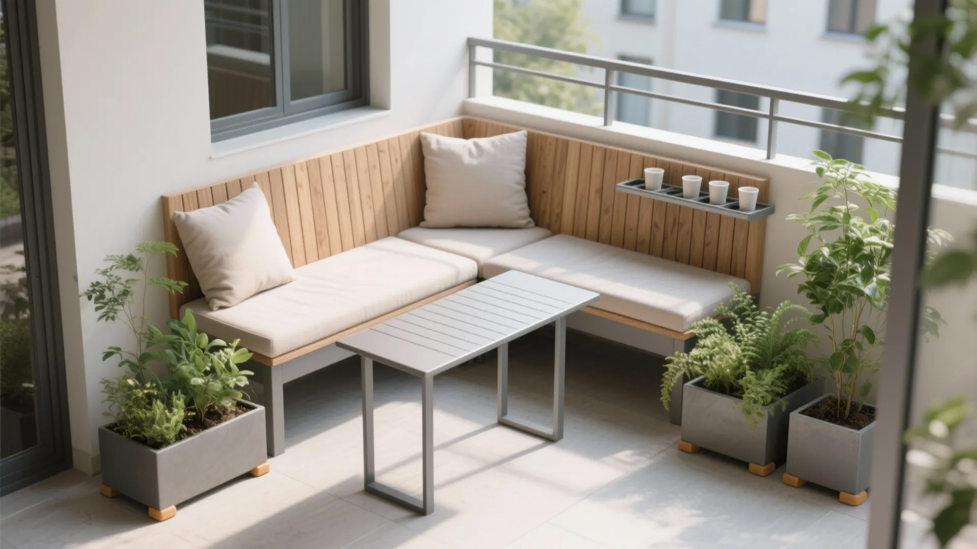 Corner seating with planters and a rail ledge