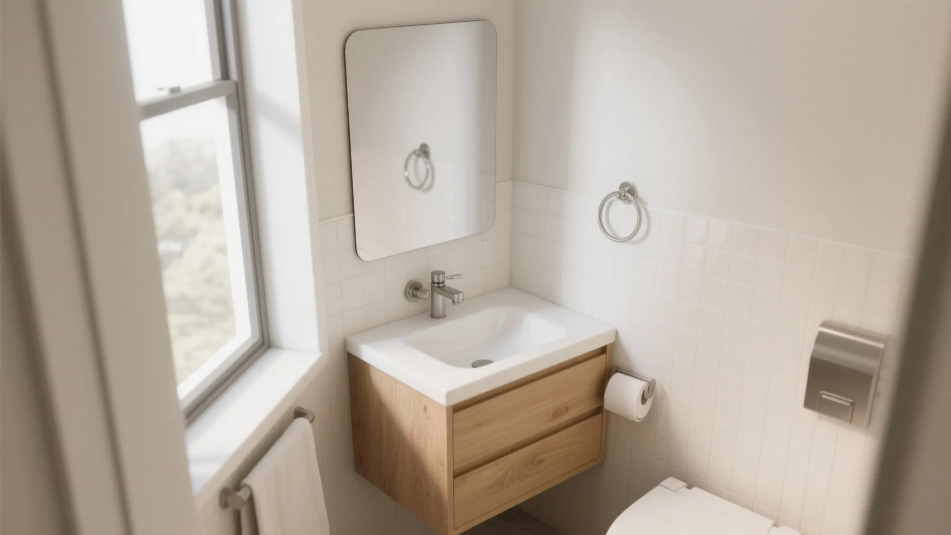 2. Compact corner white oak vanity for tiny baths