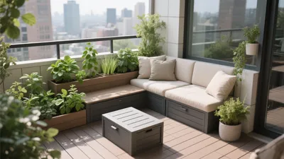 Urban Balcony Oasis with Built-In Seating & Greenery