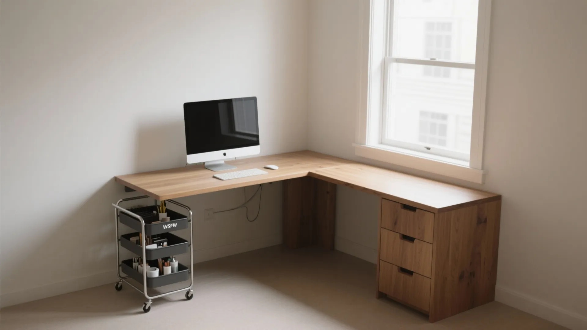 L-shaped desk positioned in room corner