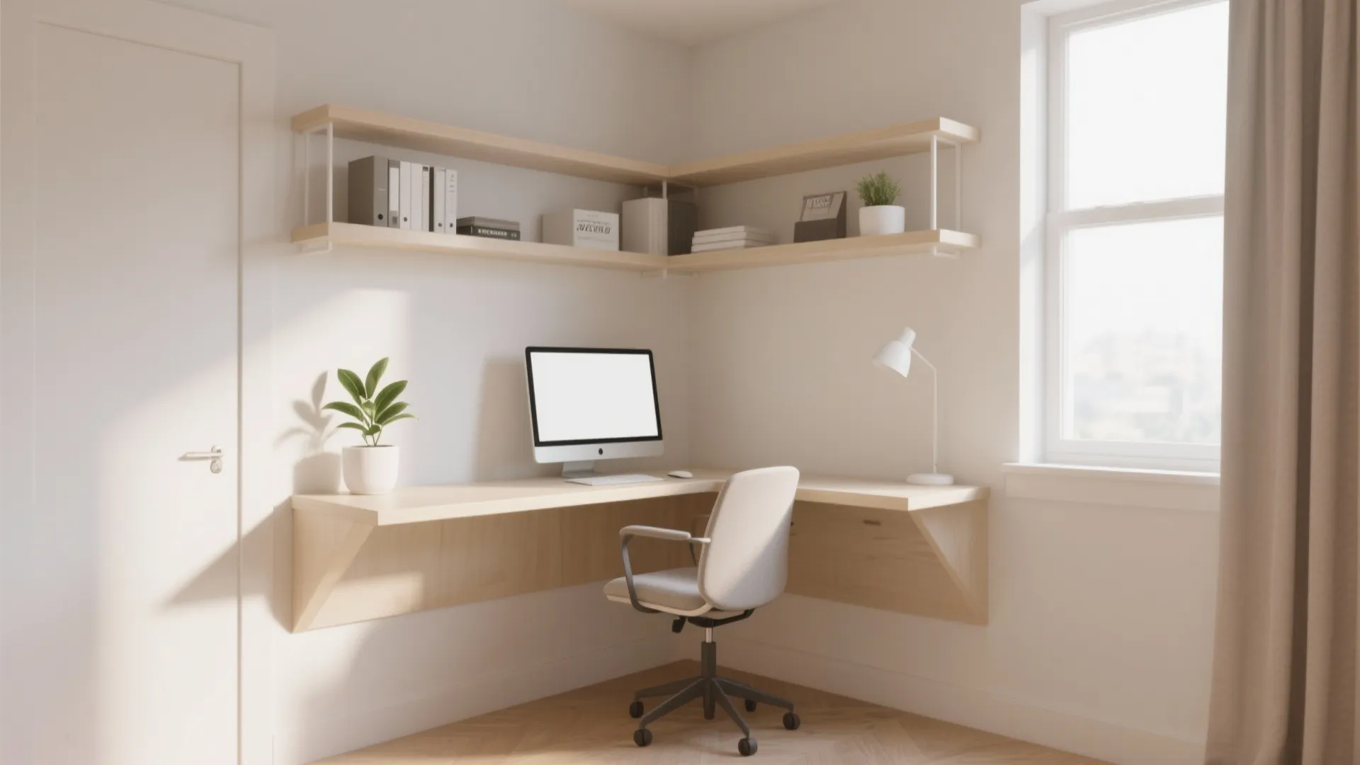 Modern corner home office with floating wooden desk computer white chair wall shelves and plant