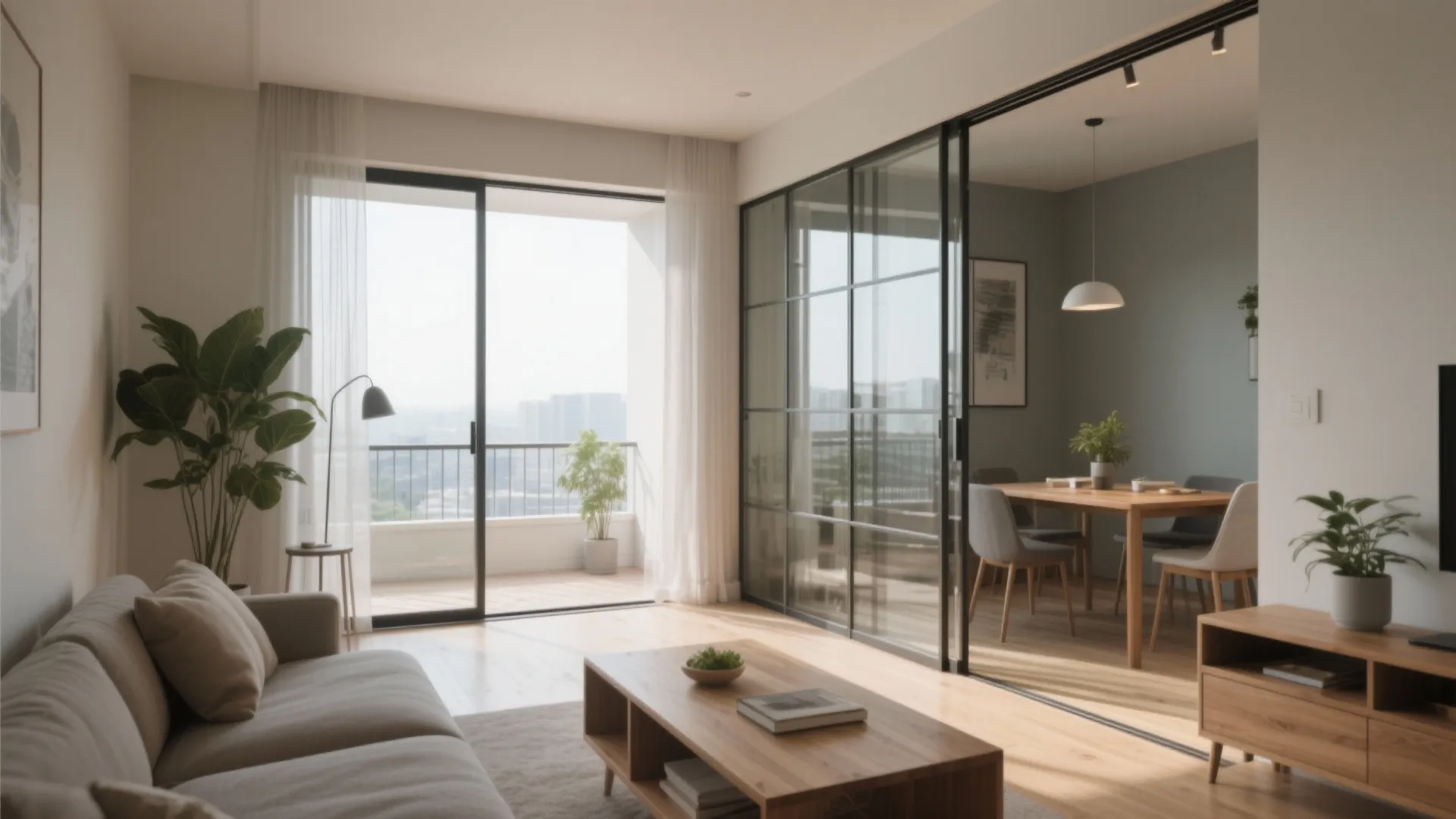 Modern living room with grey sofa and glass doors leading to a bright dining area