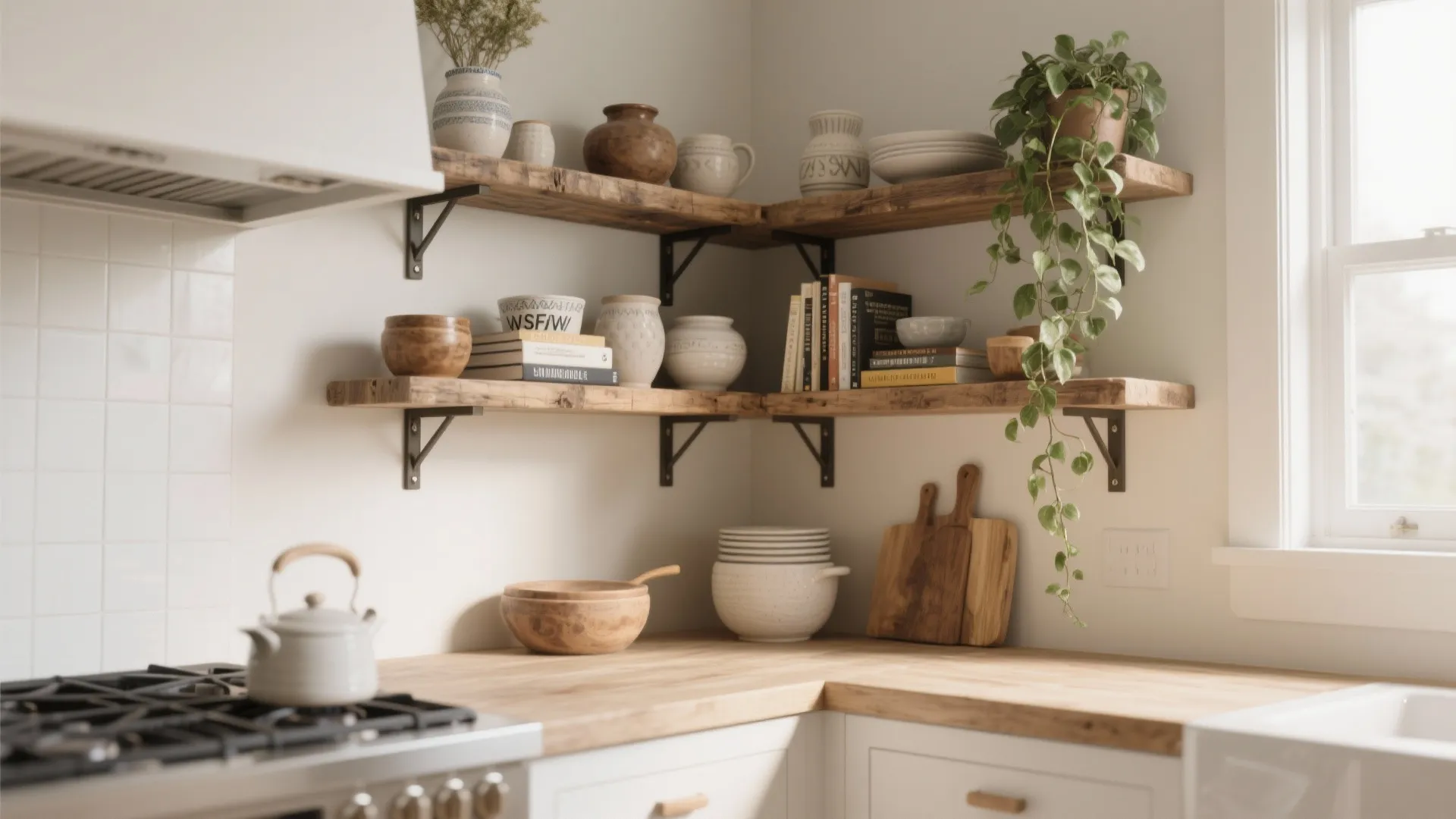 Kitchen corner with rustic wood floating shelves holding ceramic pots books and a hanging plant