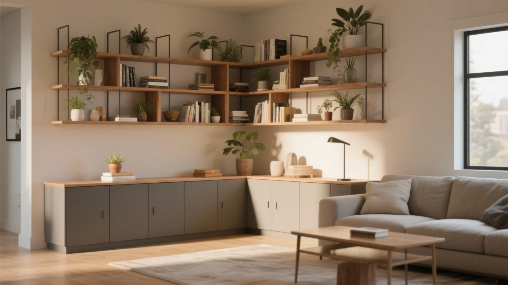 6. Corner Cabinet with Open Shelving Above