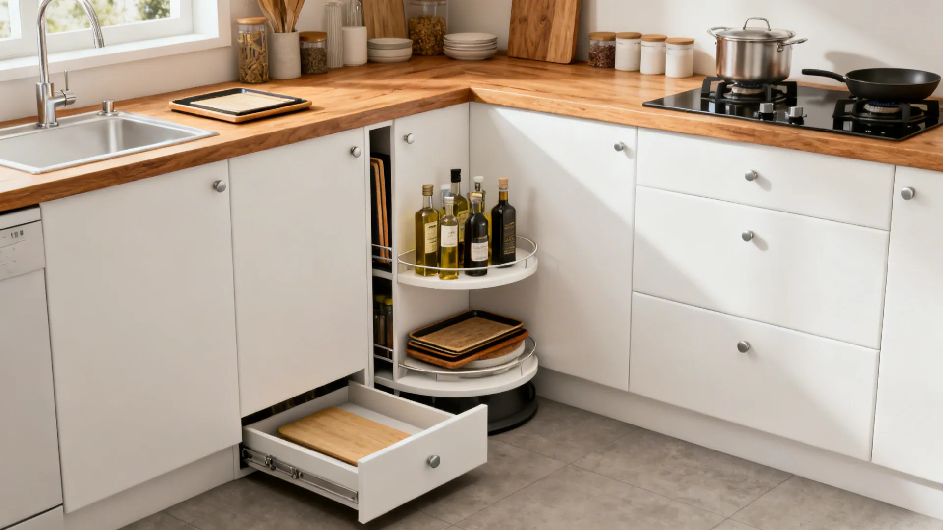 L-shaped kitchen corner with a lazy Susan and a slim vertical pull-out for trays and oils.