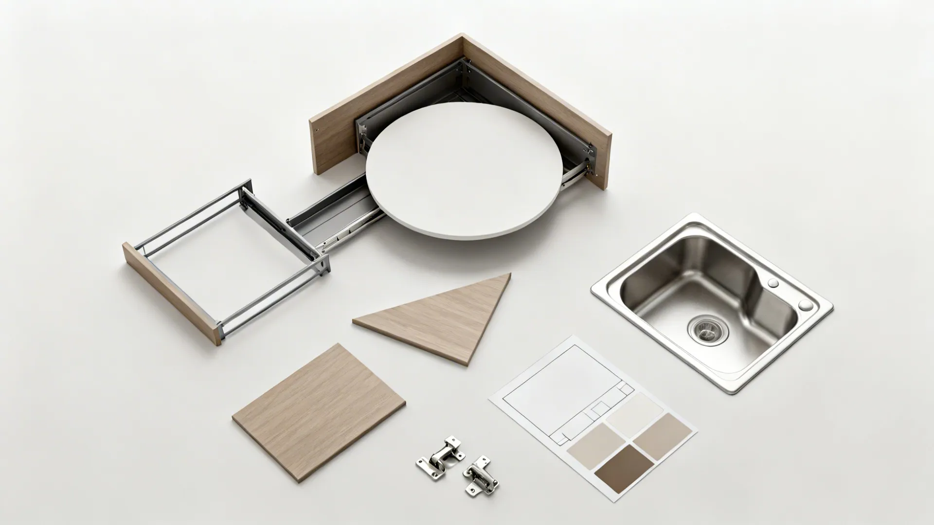 Flat lay of corner storage samples including pull-out frame, lazy Susan platform, angled drawer front, and finish swatches.