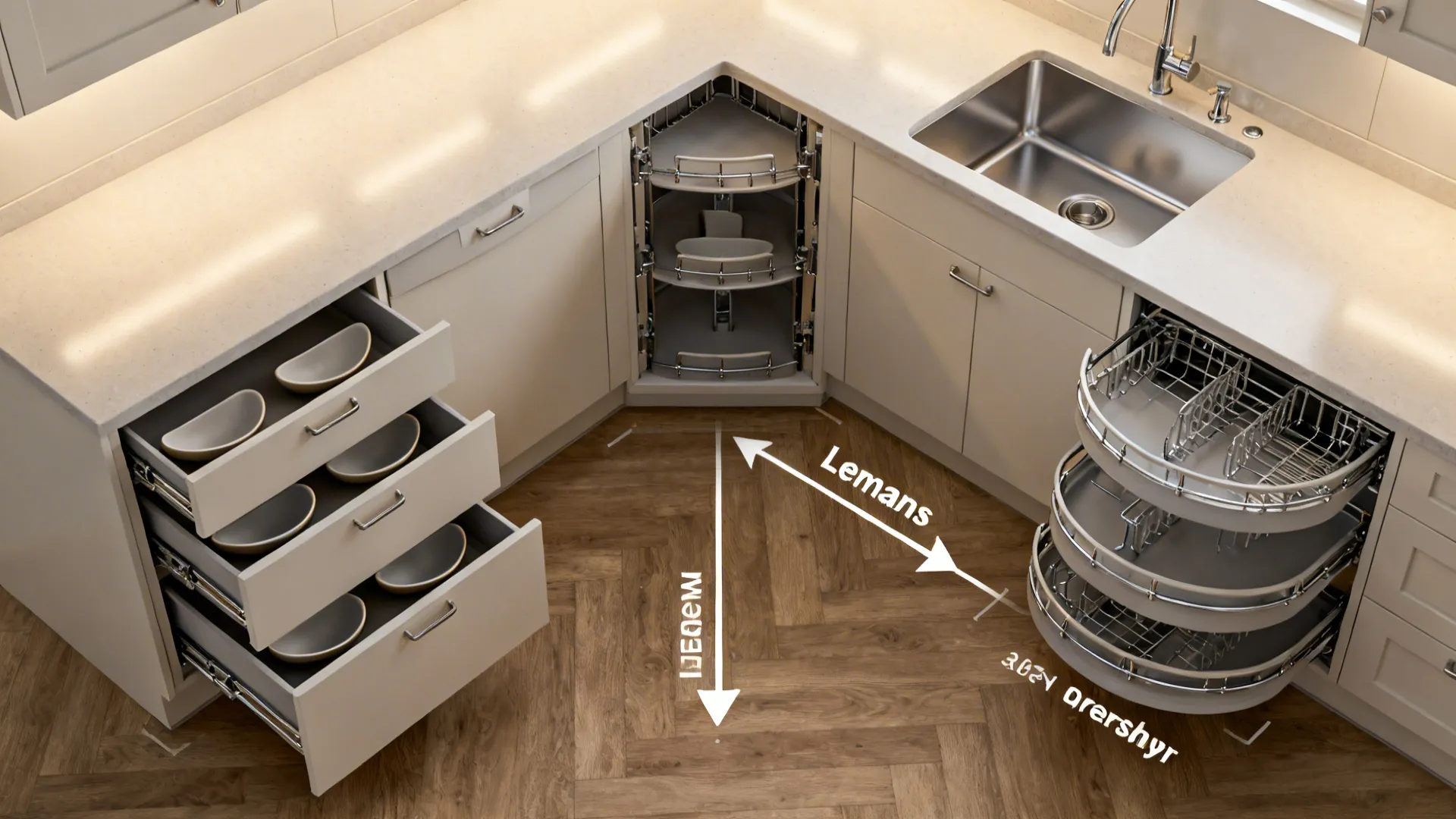 Top-down view of L-kitchen corner showing corner drawers, carousel trays, and a diagonal sink option.