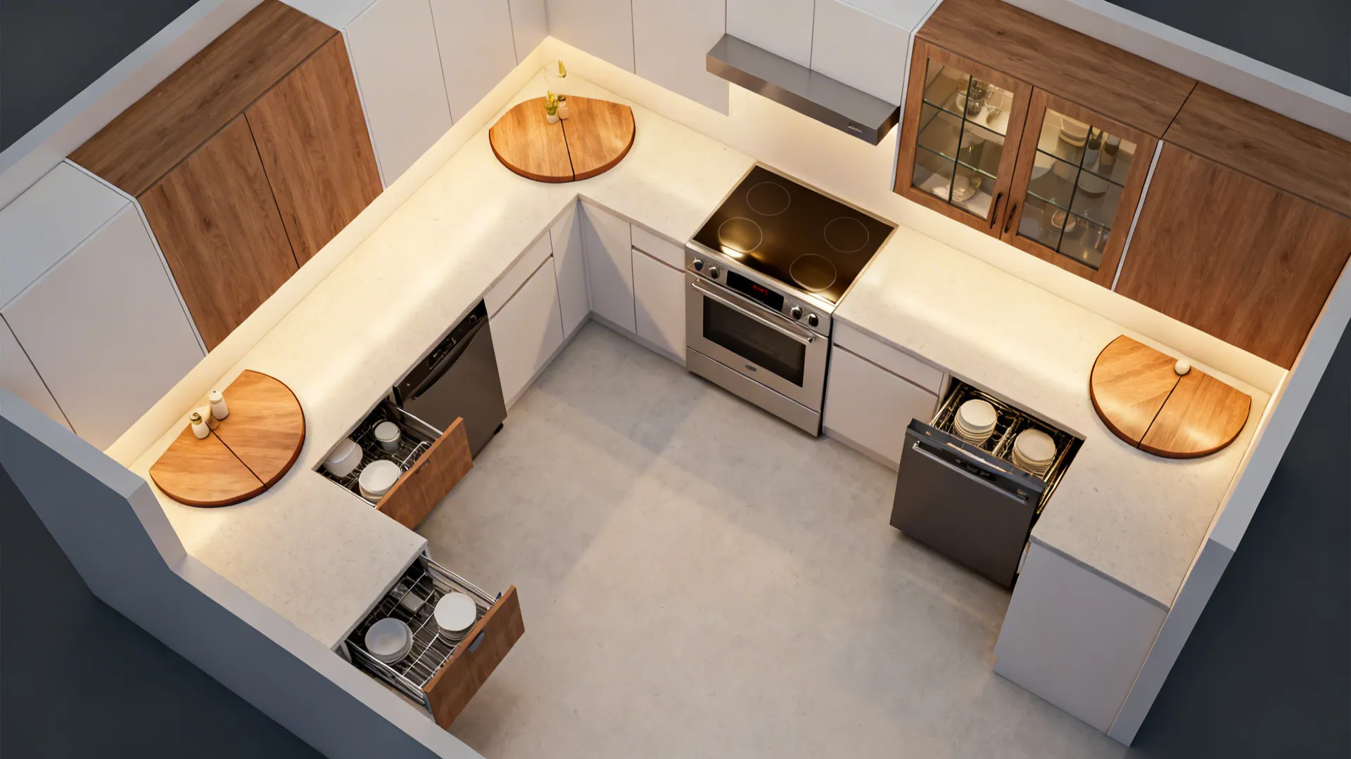 Top-down L-shaped kitchen plan showing different corner cabinet solutions.