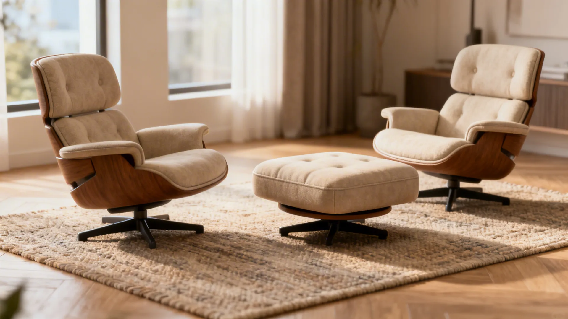 Two swivel chairs tucked into a corner with a shared ottoman creating a cozy cluster and saving space.