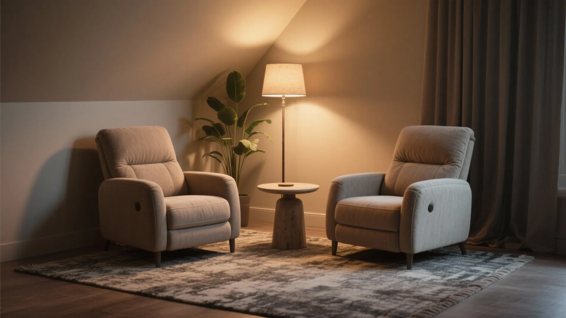 Two grey chairs with wooden table floor lamp and plant on rug in a cozy room