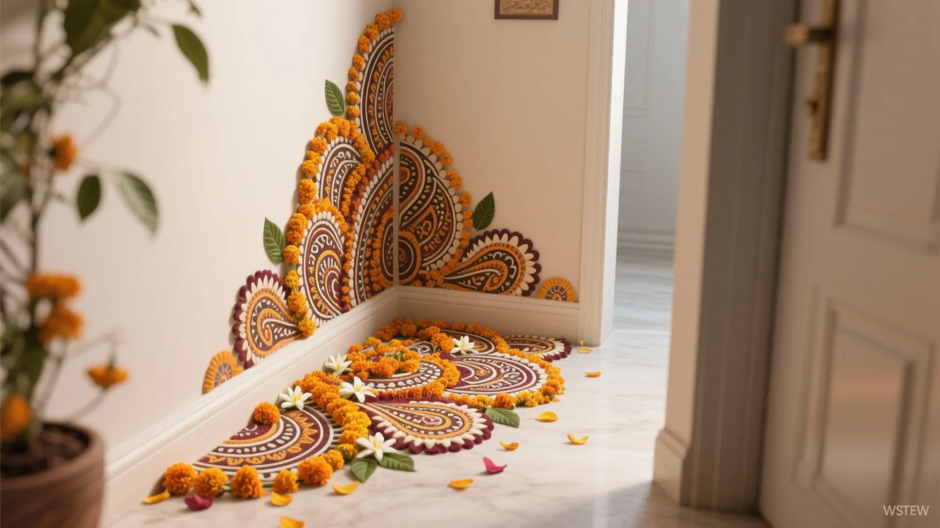 Layered paisley rangoli in a corner using marigold and jasmine petals.