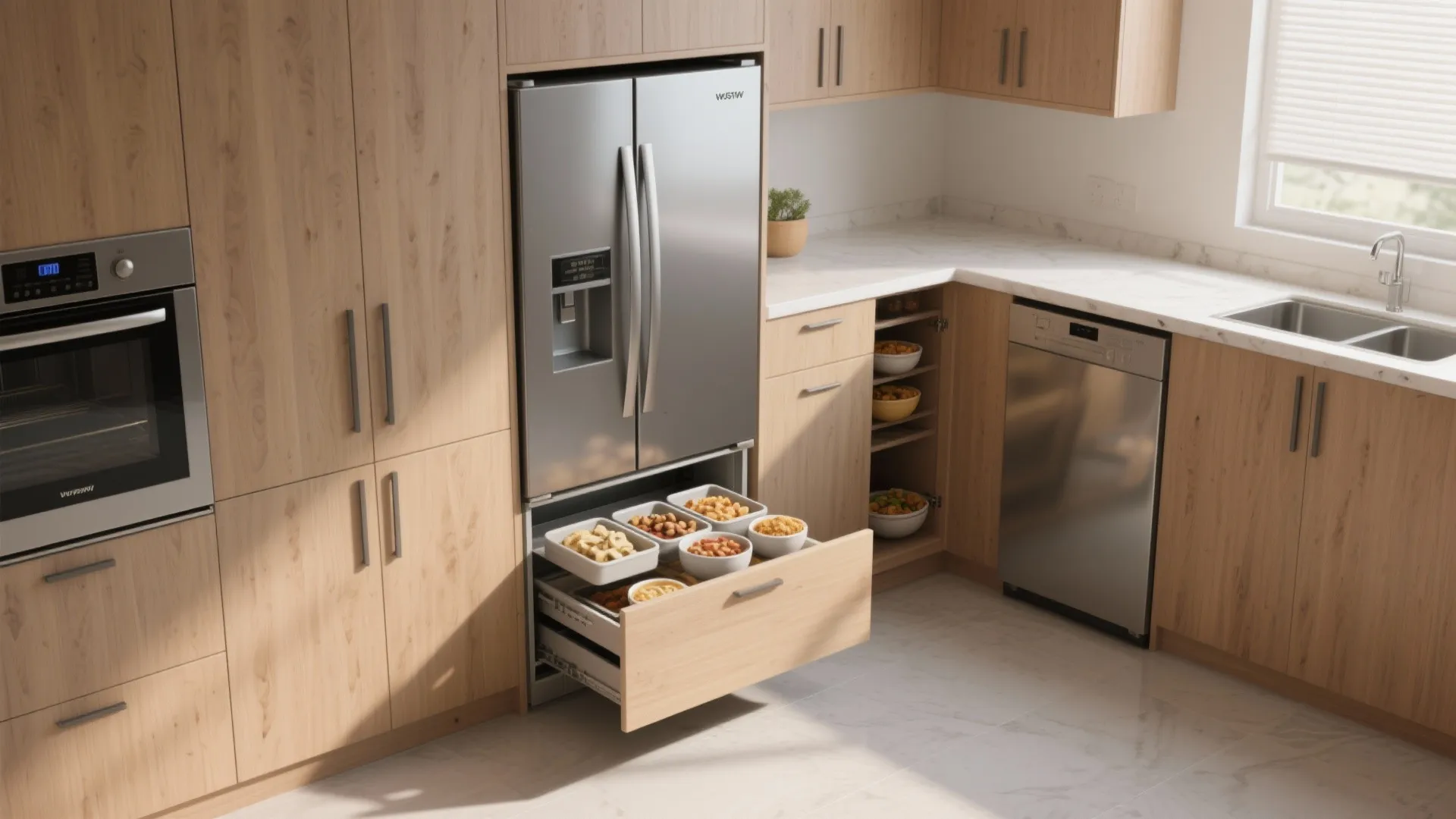 Modern kitchen with wood cabinets stainless steel fridge and open drawer showing organized food storage