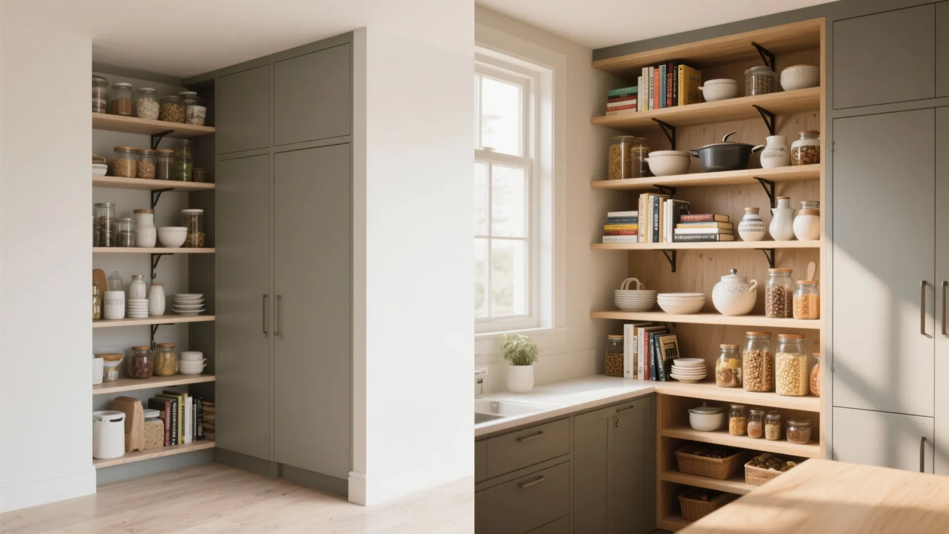 Two views of a kitchen pantry area with gray cabinets and wooden open storage shelves