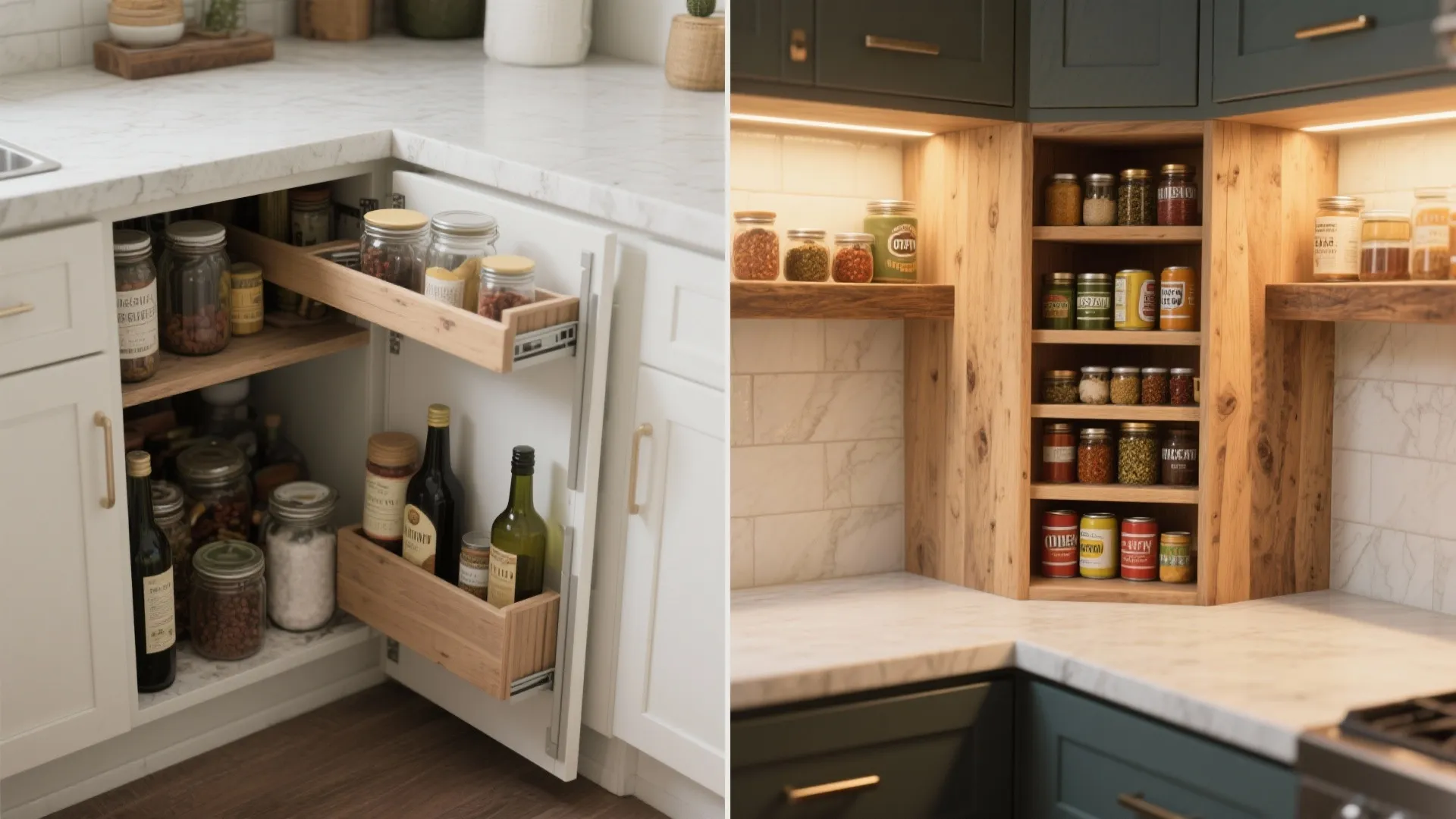 Side by side comparison of pull out corner storage and open wooden kitchen pantry shelves