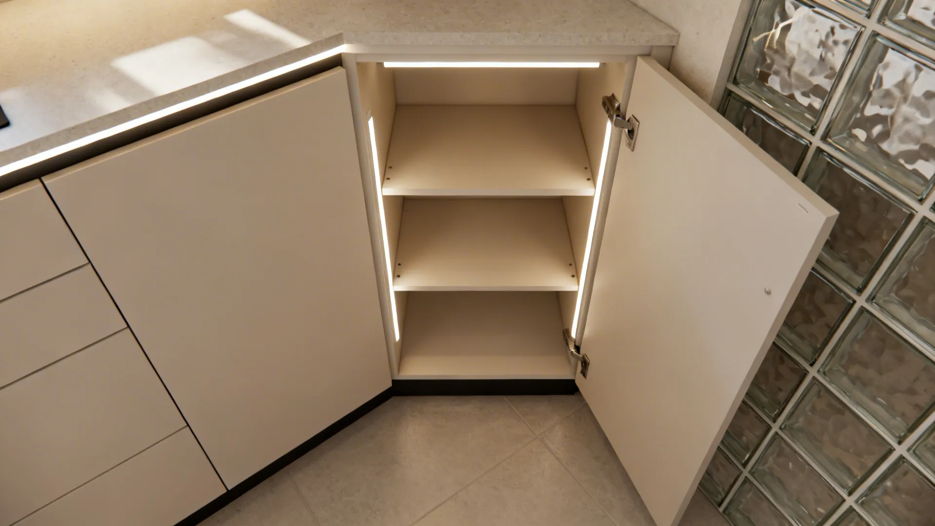 Modern kitchen corner cabinet with open door featuring integrated vertical light strips and internal shelves