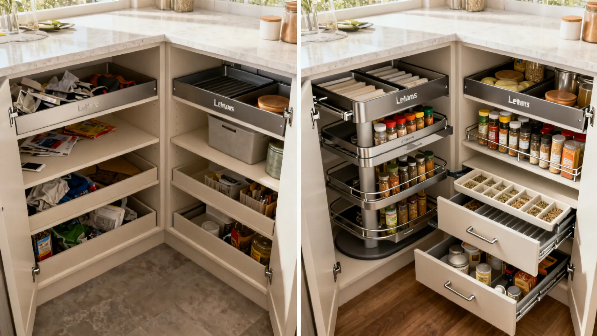 Before and after comparison of messy kitchen corner shelves versus organized pull out spice racks