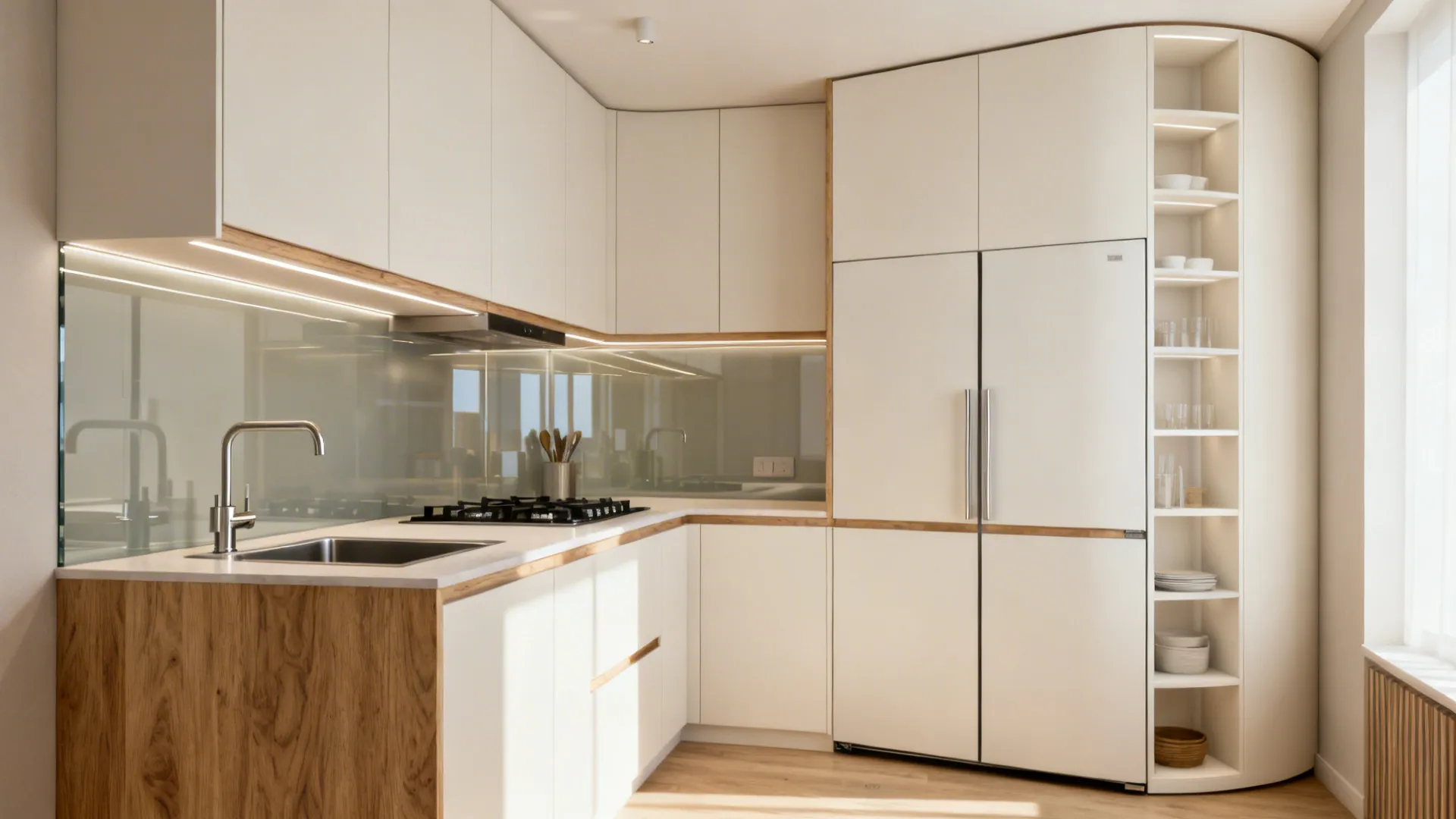 Modern white kitchen layout with wood base cabinets built in fridge sink and integrated lighting